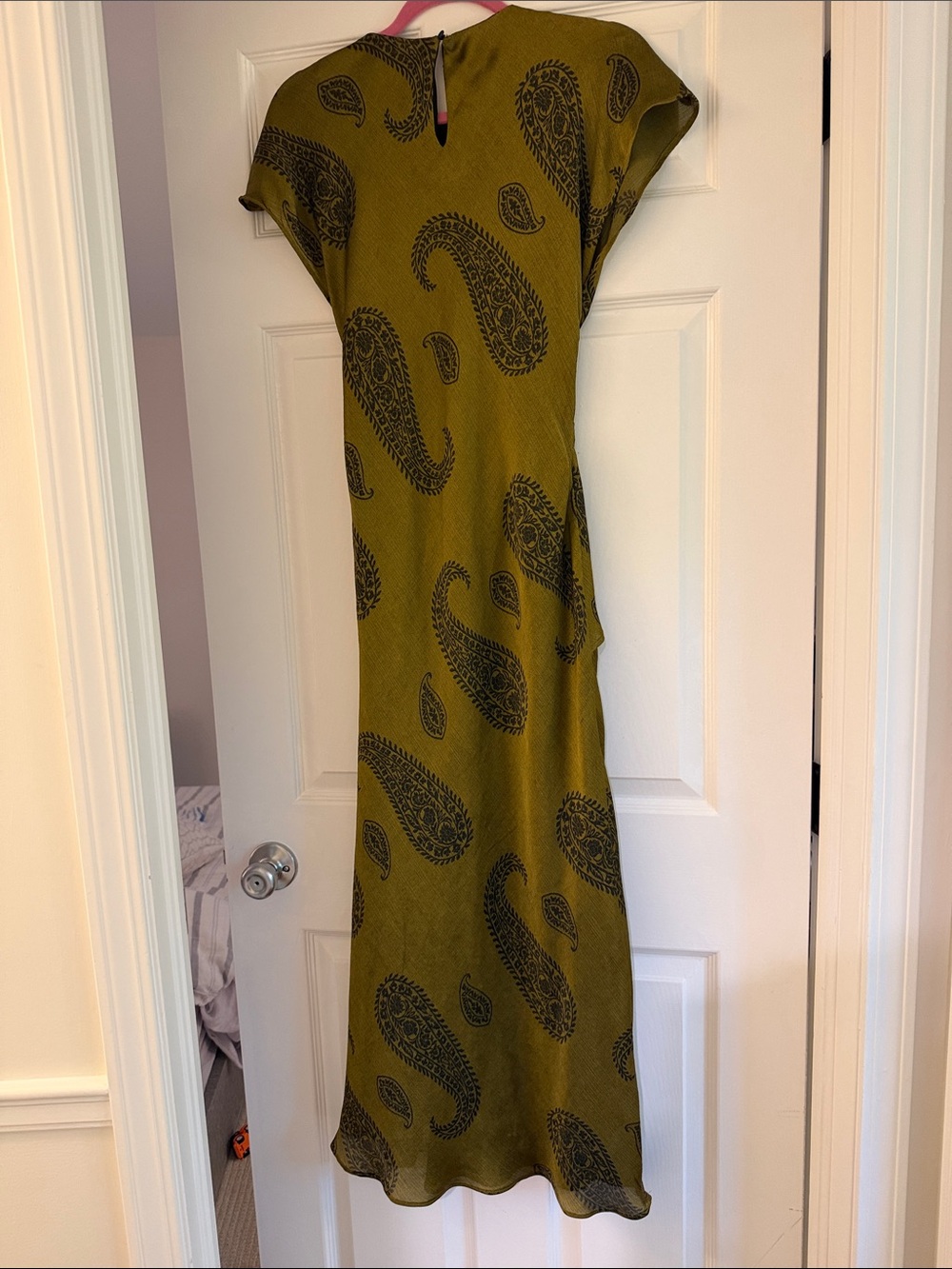 Zara Olive Paisley Satin Maxi Dress with Knot Detail - Picture 3 of 6